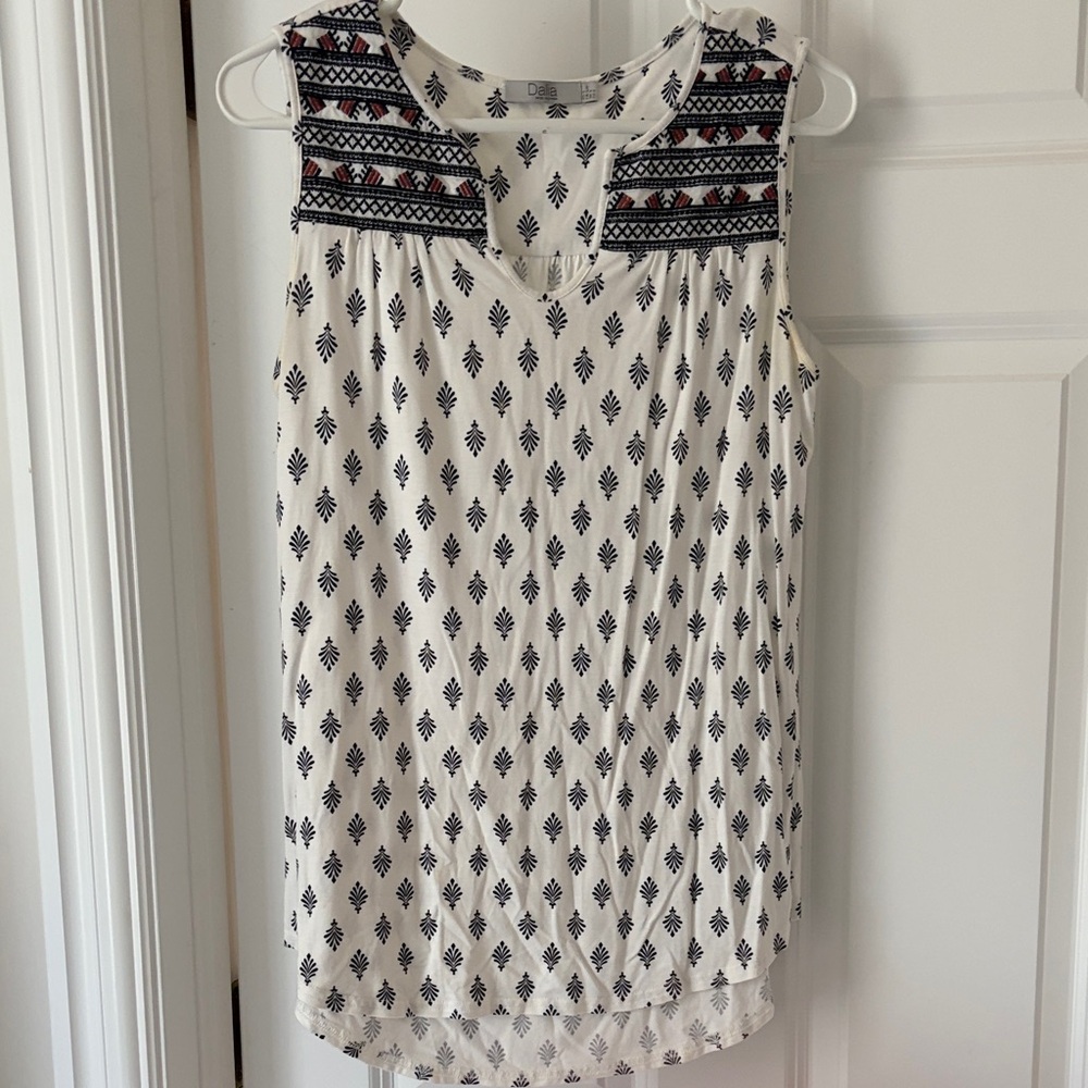 Dalia Cream Sleeveless Tank with Navy Embroidered Yoke